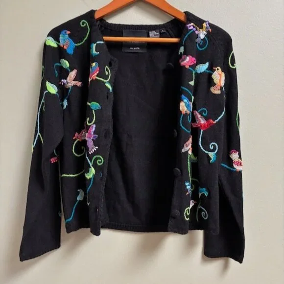 Michael Simon Women Bird Embroidered Beaded Cardigan Size S Colorful Art to Wear - Picture 7 of 13